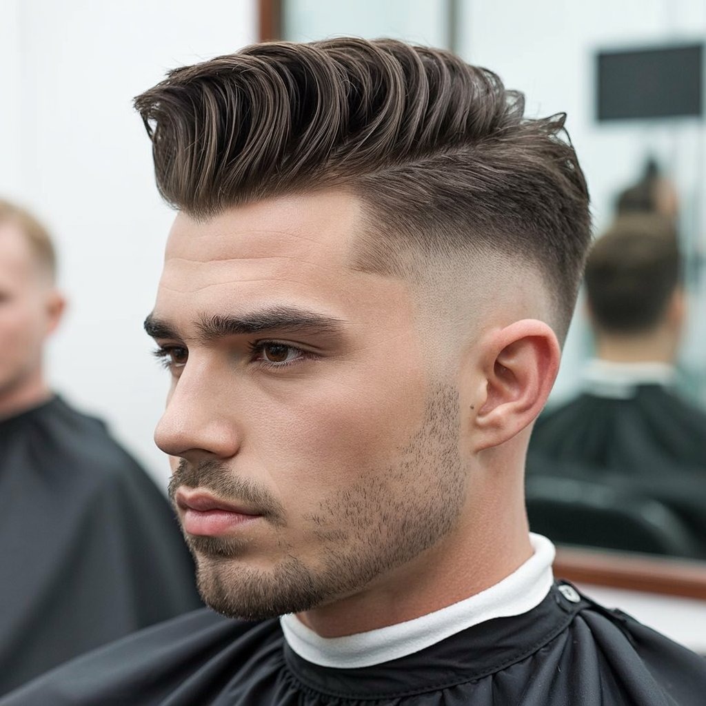 Clean-cut man with high skin fade and voluminous brushed-up top, wearing formal smart outfit, clean background – barbershop-inspired style shot.