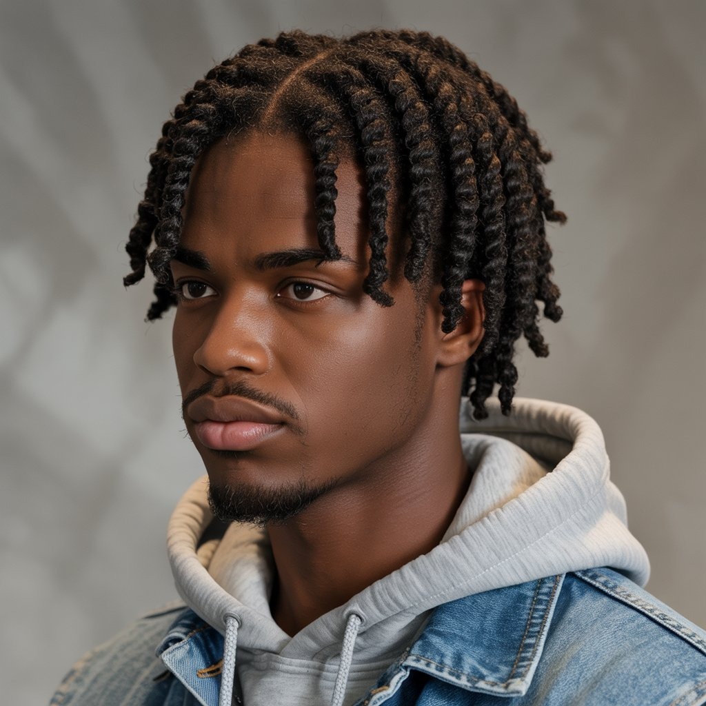 Fashionable Black man with twist braids on top and a sharp undercut on the sides, braided sections neatly parted, clean beard, neutral modern outfit – stylish hybrid hairstyle with edge and texture balance.