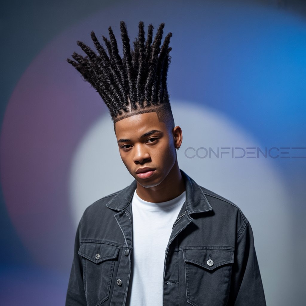 Black male model with tall high-top twist style, sharp taper fade, streetwear jacket – edgy retro-modern hairstyle with volume.
