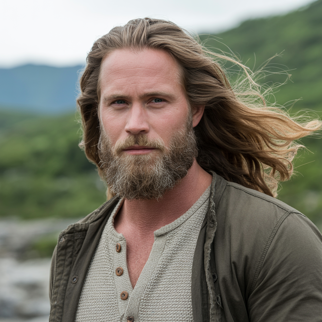 Rugged male with long flowing hair and full beard blend, nature or studio background, wearing a henley or jacket – Viking-modern inspired look.