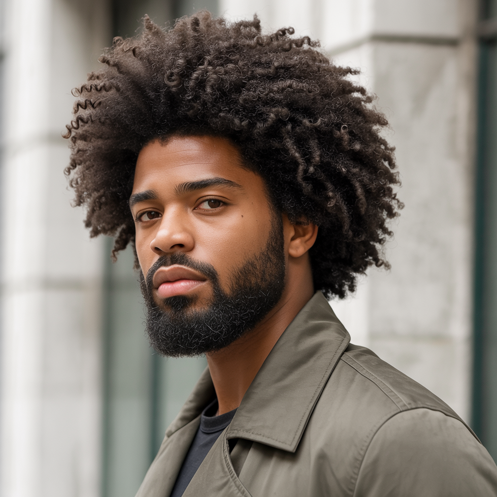 Stylish Black male model with a full, rounded natural afro paired with a well-groomed medium-to-full beard, clean hairline, wearing a tailored street-style outfit like a bomber jacket or fitted overcoat, soft studio or outdoor natural lighting, neutral backdrop – refined yet bold hairstyle emphasizing afro texture and masculine beard style harmony.