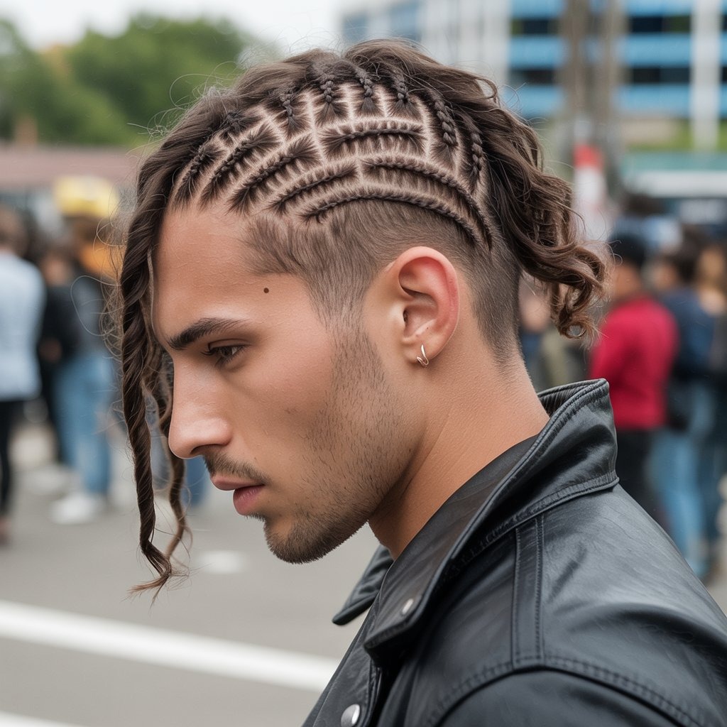 Mohawk hairstyle made from twist braids, clean shaved sides, sporty or futuristic outfit, dynamic pose – bold and creative twist mohawk look.