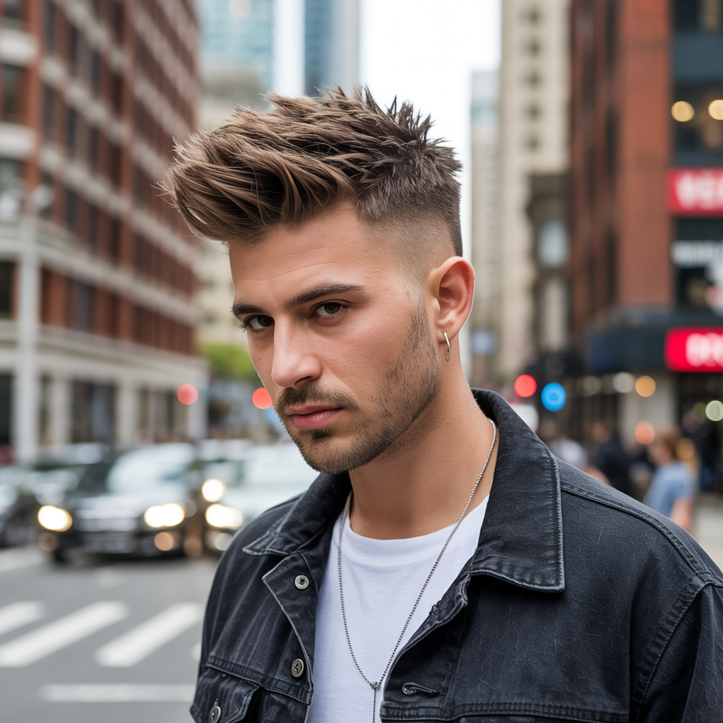 Trendy male with textured soft spikes styled into a faux hawk, edgy casualwear, cityscape background – clean and bold hairstyle focus.