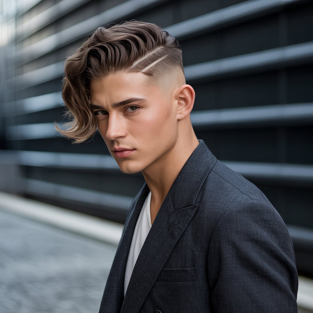 Male with clean side undercut and voluminous side-swept top, wearing smart-casual fashion, soft spotlight lighting – polished hairstyle editorial.