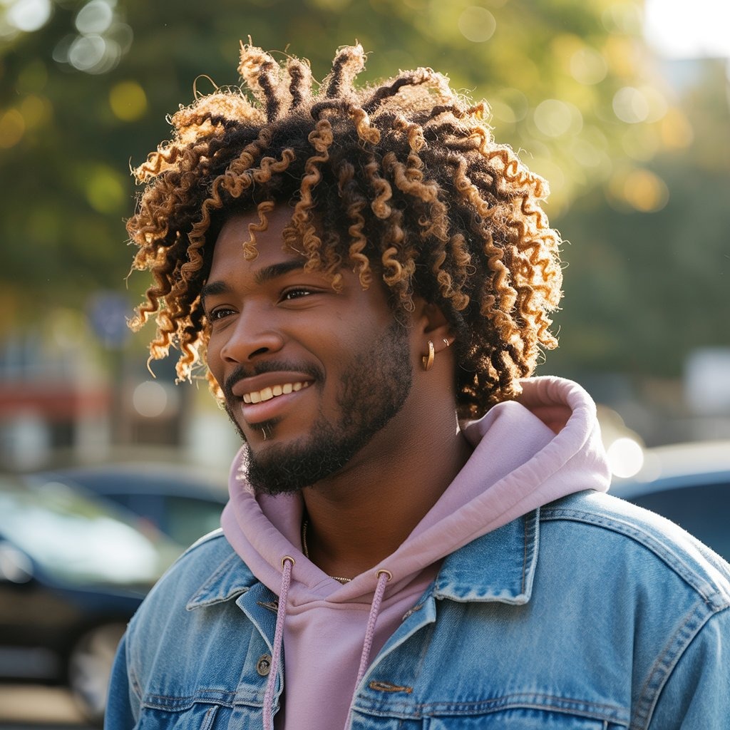 Clean-cut Black male with a rounded, short natural afro, shaped edges, wearing a turtleneck or open collared shirt, soft side lighting – minimalist, texture-focused afro style for a refined men’s fashion look.