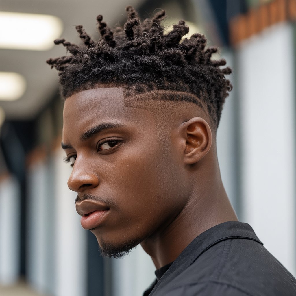 Black male model with burst fade and short defined twist curls on top, sporty outfit, high contrast lighting – modern fade twist hairstyle editorial.