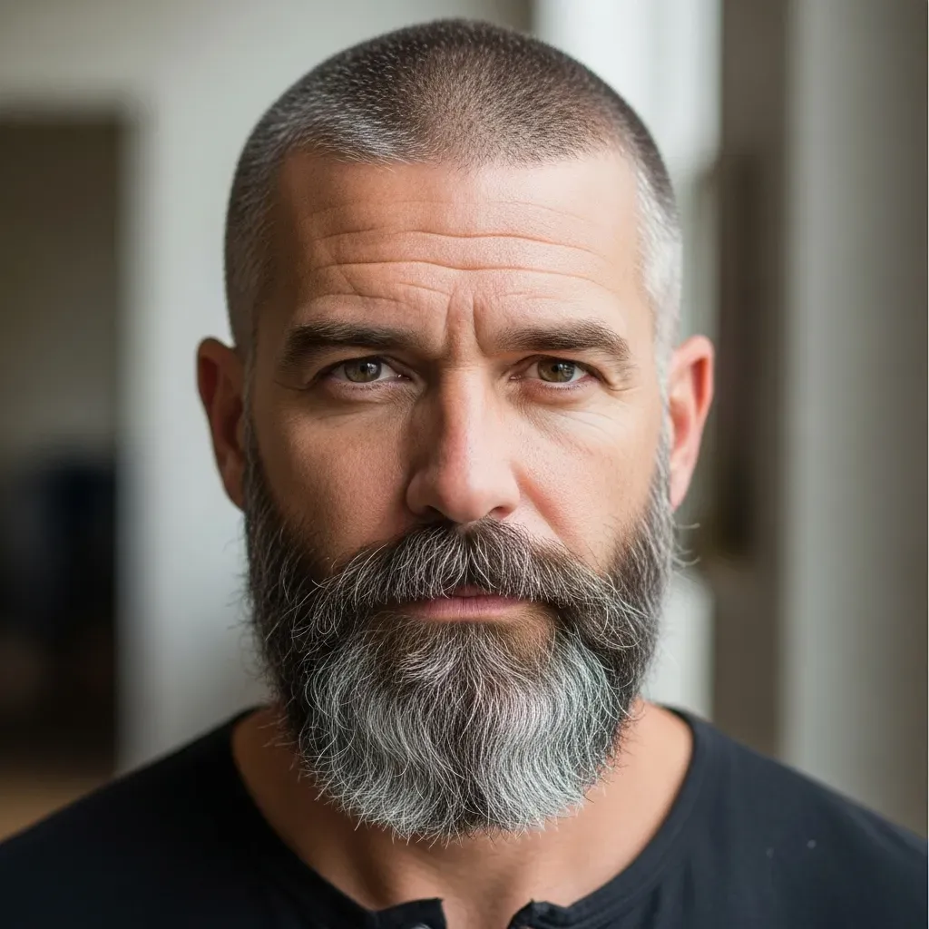 Buzzcut with a Full Salt-and-Pepper Beard